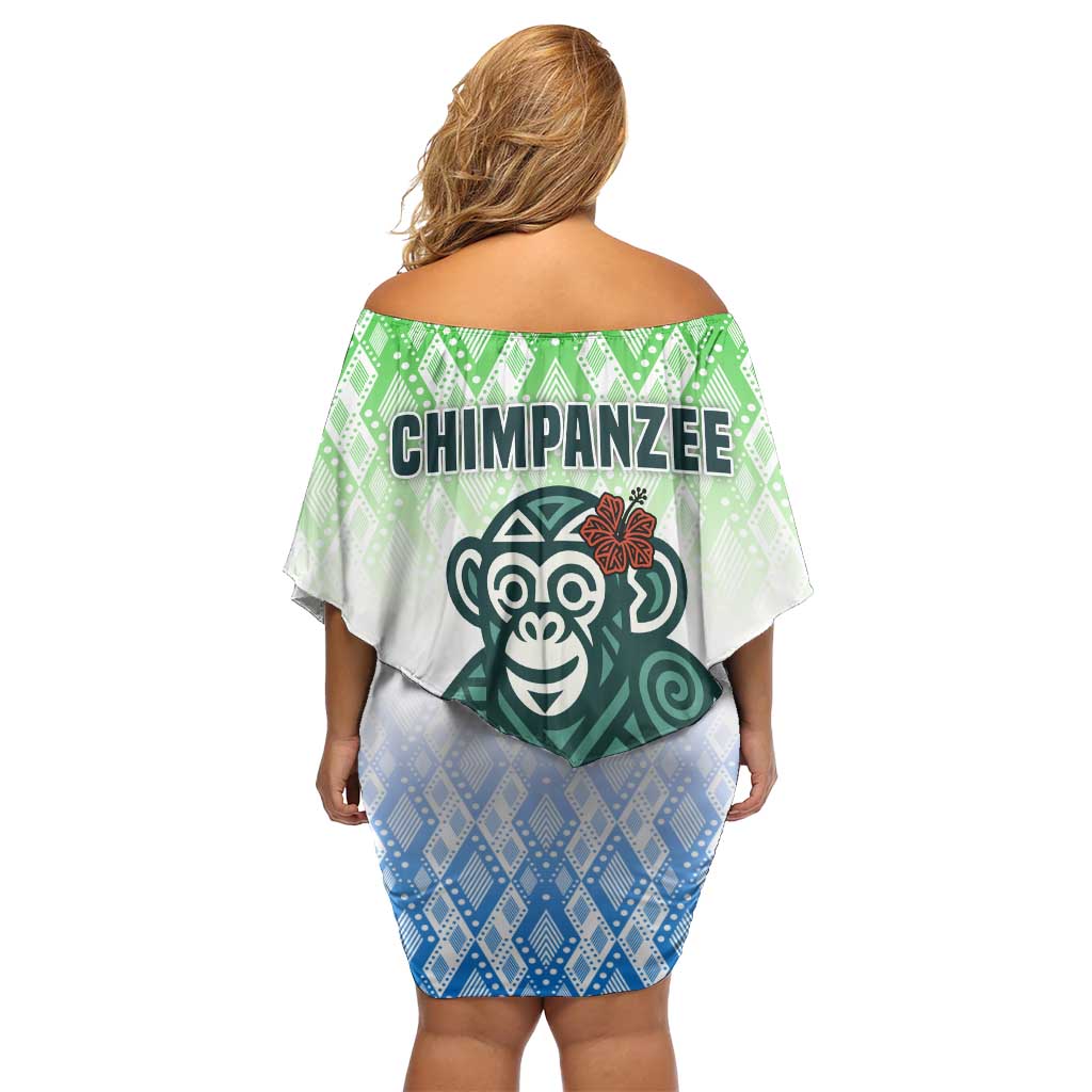 Sierra Leone Family Matching Off Shoulder Short Dress and Hawaiian Shirt with Tribal Chimpanzee Design and Green Blue Gradient Pattern