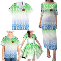 Sierra Leone Family Matching Puletasi and Hawaiian Shirt with Tribal Chimpanzee Design and Green Blue Gradient Pattern