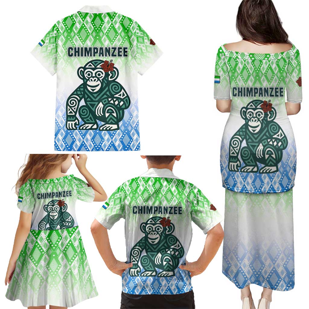 Sierra Leone Family Matching Puletasi and Hawaiian Shirt with Tribal Chimpanzee Design and Green Blue Gradient Pattern