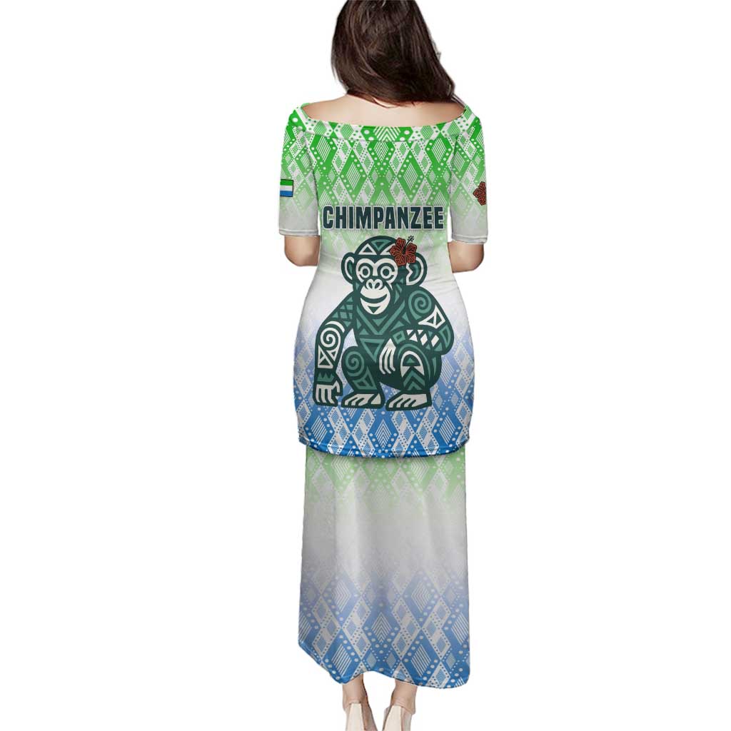 Sierra Leone Family Matching Puletasi and Hawaiian Shirt with Tribal Chimpanzee Design and Green Blue Gradient Pattern