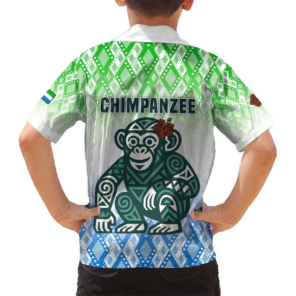 Sierra Leone Family Matching Short Sleeve Bodycon Dress and Hawaiian Shirt with Tribal Chimpanzee Design and Green Blue Gradient Pattern