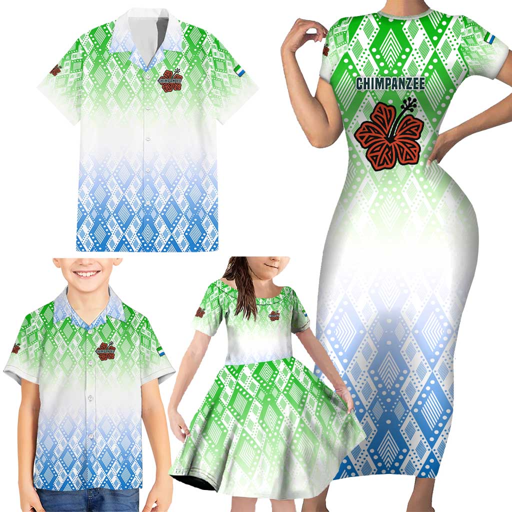Sierra Leone Family Matching Short Sleeve Bodycon Dress and Hawaiian Shirt with Tribal Chimpanzee Design and Green Blue Gradient Pattern