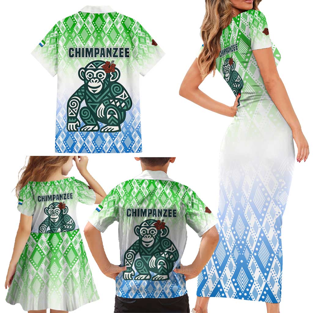 Sierra Leone Family Matching Short Sleeve Bodycon Dress and Hawaiian Shirt with Tribal Chimpanzee Design and Green Blue Gradient Pattern