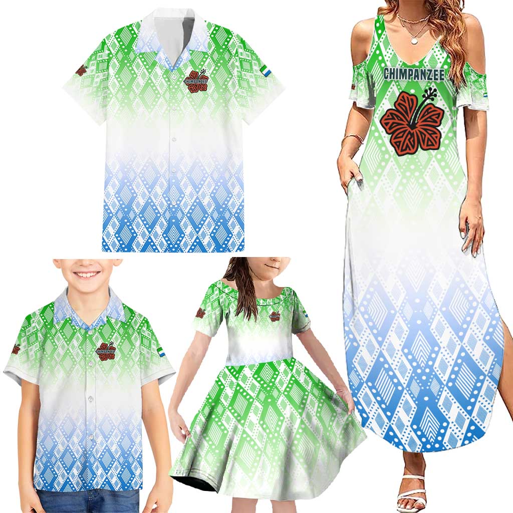 Sierra Leone Family Matching Summer Maxi Dress and Hawaiian Shirt with Tribal Chimpanzee Design and Green Blue Gradient Pattern