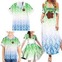 Sierra Leone Family Matching Summer Maxi Dress and Hawaiian Shirt with Tribal Chimpanzee Design and Green Blue Gradient Pattern
