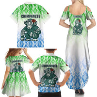 Sierra Leone Family Matching Summer Maxi Dress and Hawaiian Shirt with Tribal Chimpanzee Design and Green Blue Gradient Pattern