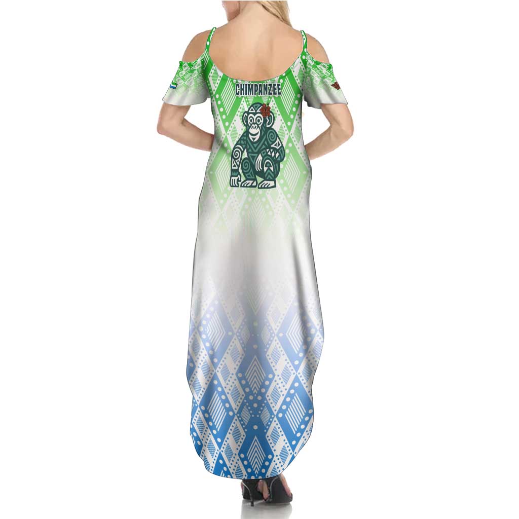 Sierra Leone Family Matching Summer Maxi Dress and Hawaiian Shirt with Tribal Chimpanzee Design and Green Blue Gradient Pattern
