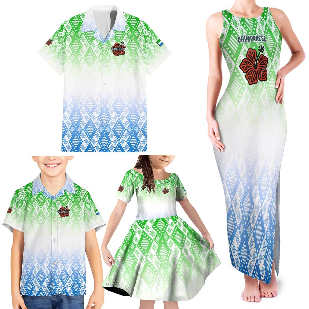Sierra Leone Family Matching Tank Maxi Dress and Hawaiian Shirt with Tribal Chimpanzee Design and Green Blue Gradient Pattern