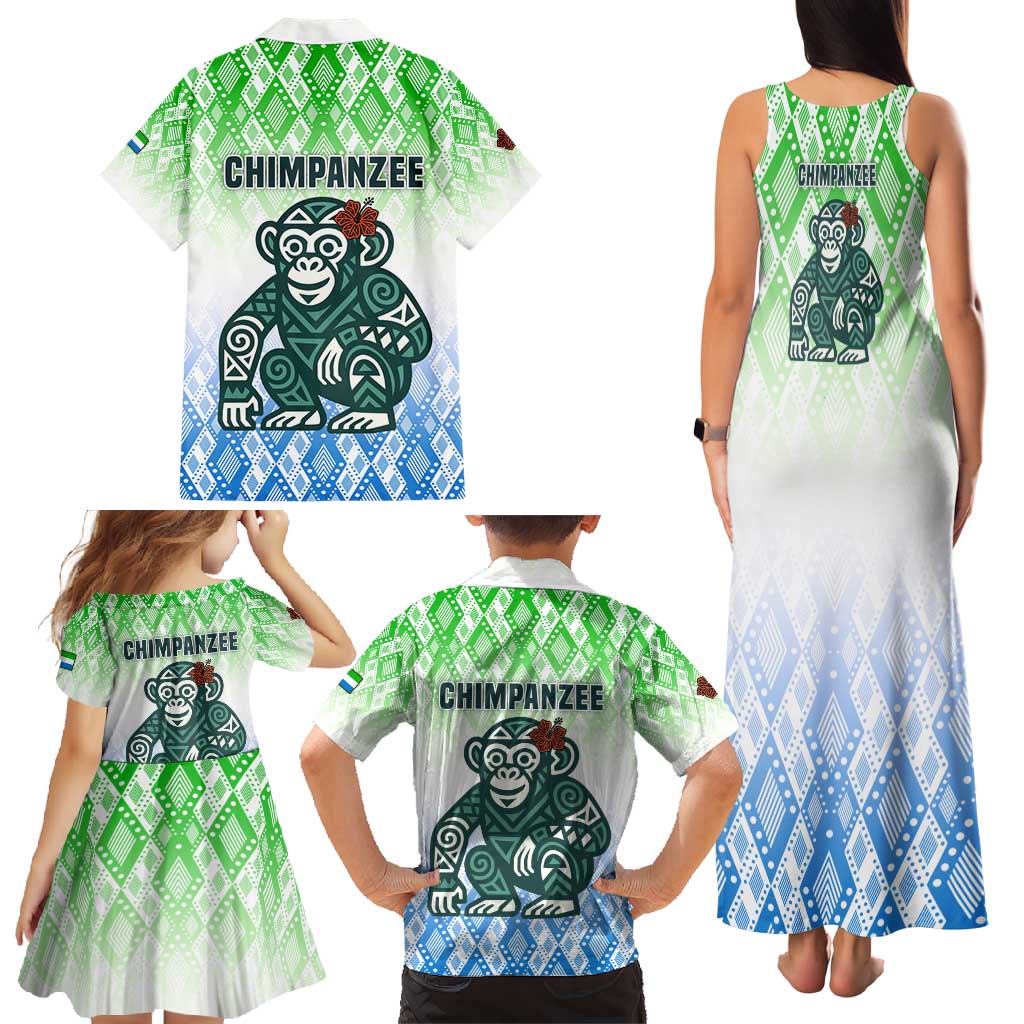 Sierra Leone Family Matching Tank Maxi Dress and Hawaiian Shirt with Tribal Chimpanzee Design and Green Blue Gradient Pattern