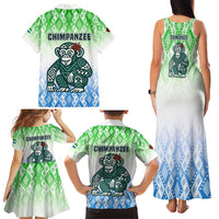 Sierra Leone Family Matching Tank Maxi Dress and Hawaiian Shirt with Tribal Chimpanzee Design and Green Blue Gradient Pattern
