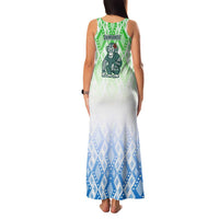 Sierra Leone Family Matching Tank Maxi Dress and Hawaiian Shirt with Tribal Chimpanzee Design and Green Blue Gradient Pattern