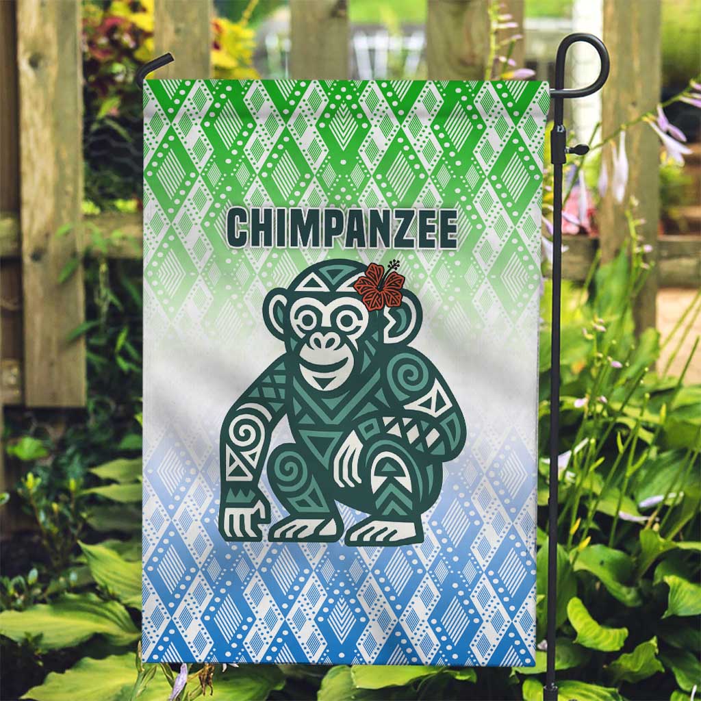 Sierra Leone Garden Flag with Tribal Chimpanzee Design and Green Blue Gradient Pattern