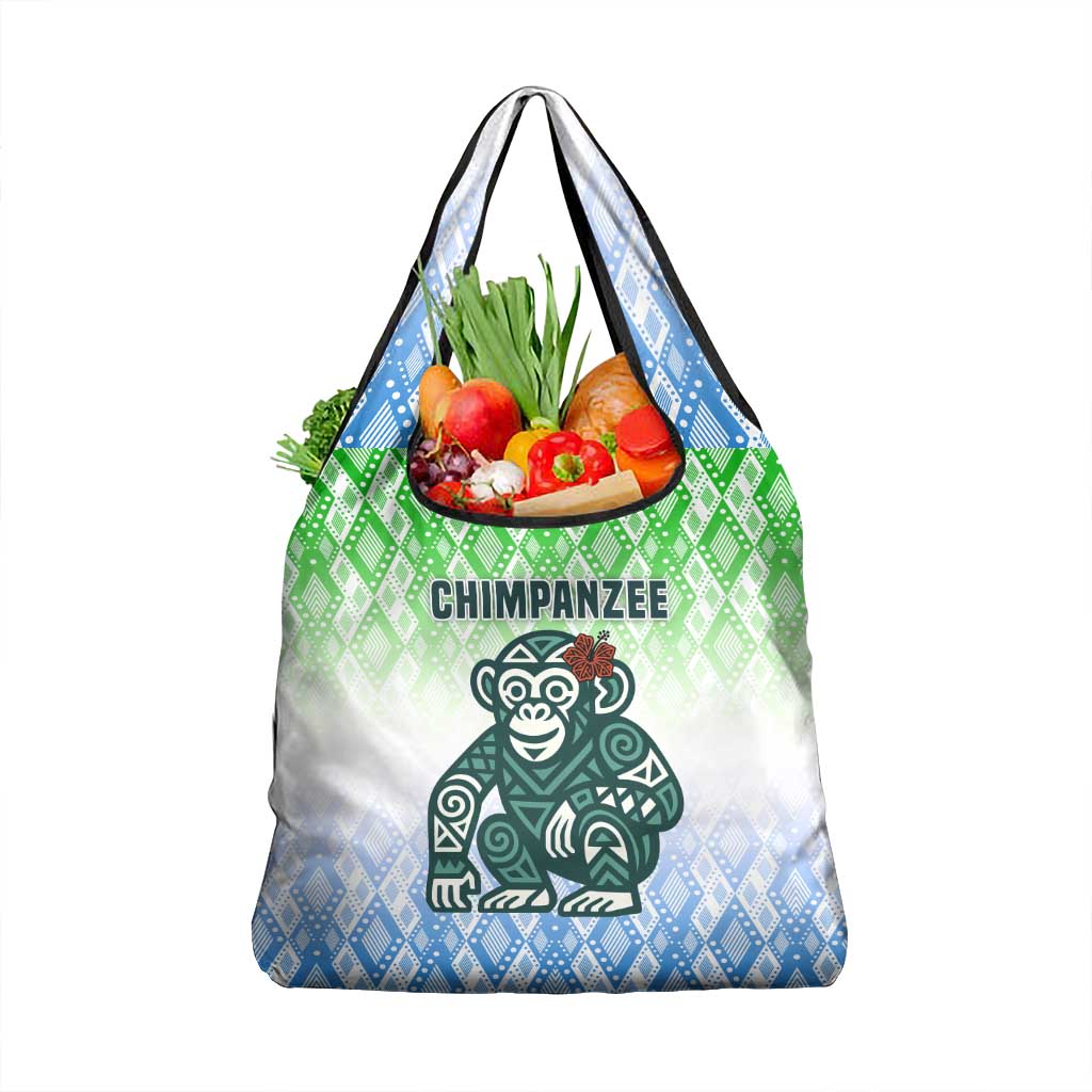 Sierra Leone Grocery Bag with Tribal Chimpanzee Design and Green Blue Gradient Pattern