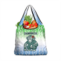 Sierra Leone Grocery Bag with Tribal Chimpanzee Design and Green Blue Gradient Pattern
