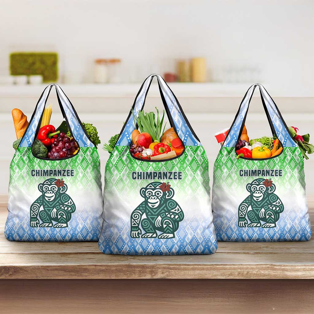 Sierra Leone Grocery Bag with Tribal Chimpanzee Design and Green Blue Gradient Pattern