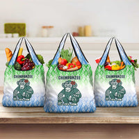 Sierra Leone Grocery Bag with Tribal Chimpanzee Design and Green Blue Gradient Pattern