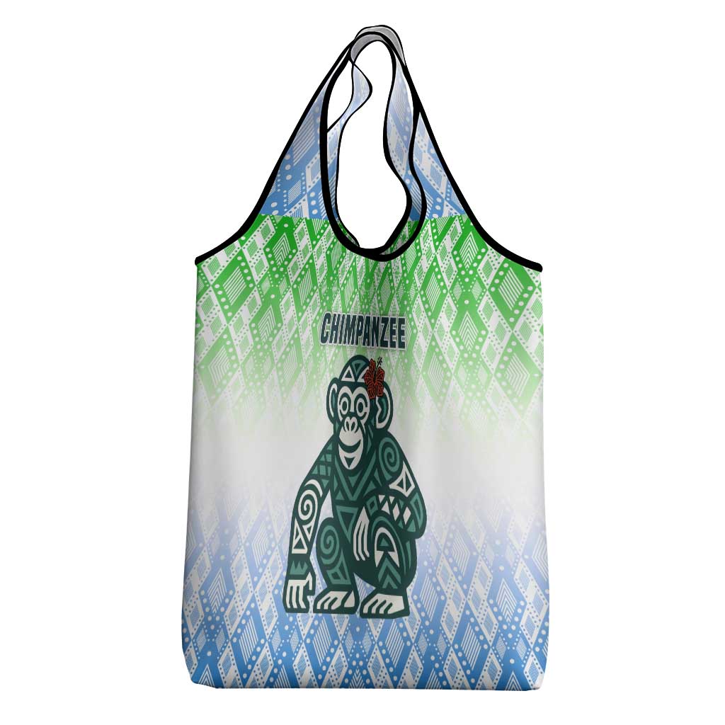 Sierra Leone Grocery Bag with Tribal Chimpanzee Design and Green Blue Gradient Pattern