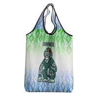 Sierra Leone Grocery Bag with Tribal Chimpanzee Design and Green Blue Gradient Pattern