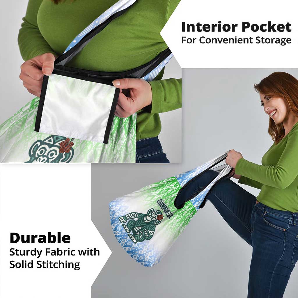 Sierra Leone Grocery Bag with Tribal Chimpanzee Design and Green Blue Gradient Pattern