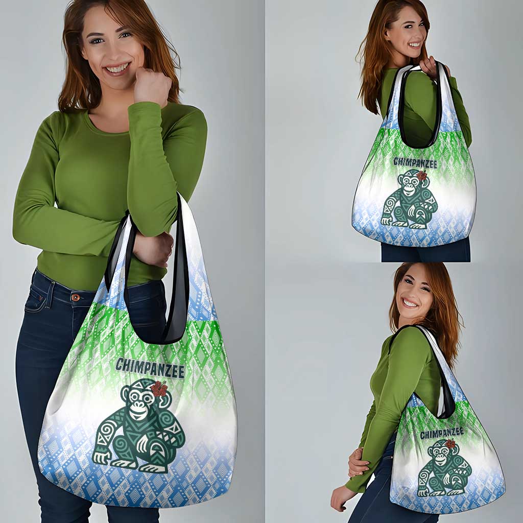 Sierra Leone Grocery Bag with Tribal Chimpanzee Design and Green Blue Gradient Pattern