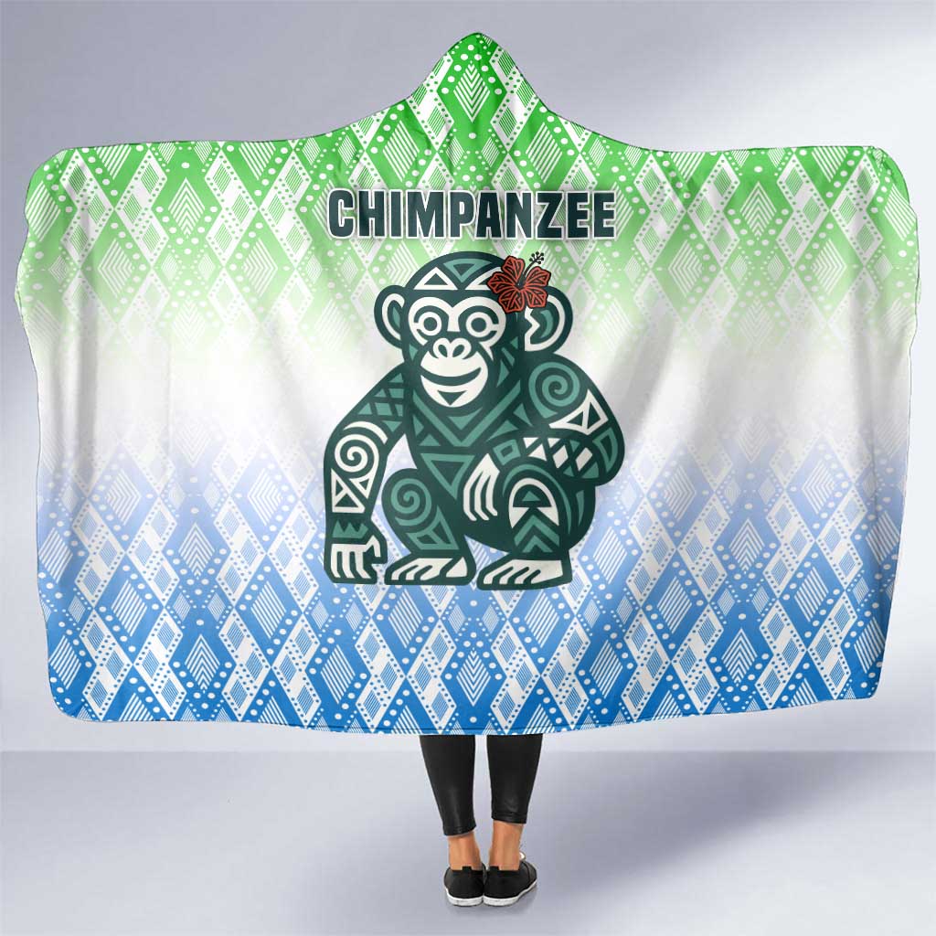 Sierra Leone Hooded Blanket with Tribal Chimpanzee Design and Green Blue Gradient Pattern