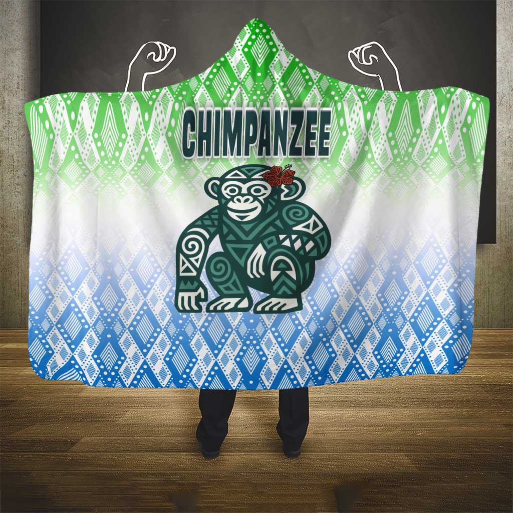 Sierra Leone Hooded Blanket with Tribal Chimpanzee Design and Green Blue Gradient Pattern