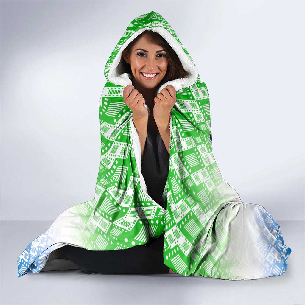 Sierra Leone Hooded Blanket with Tribal Chimpanzee Design and Green Blue Gradient Pattern