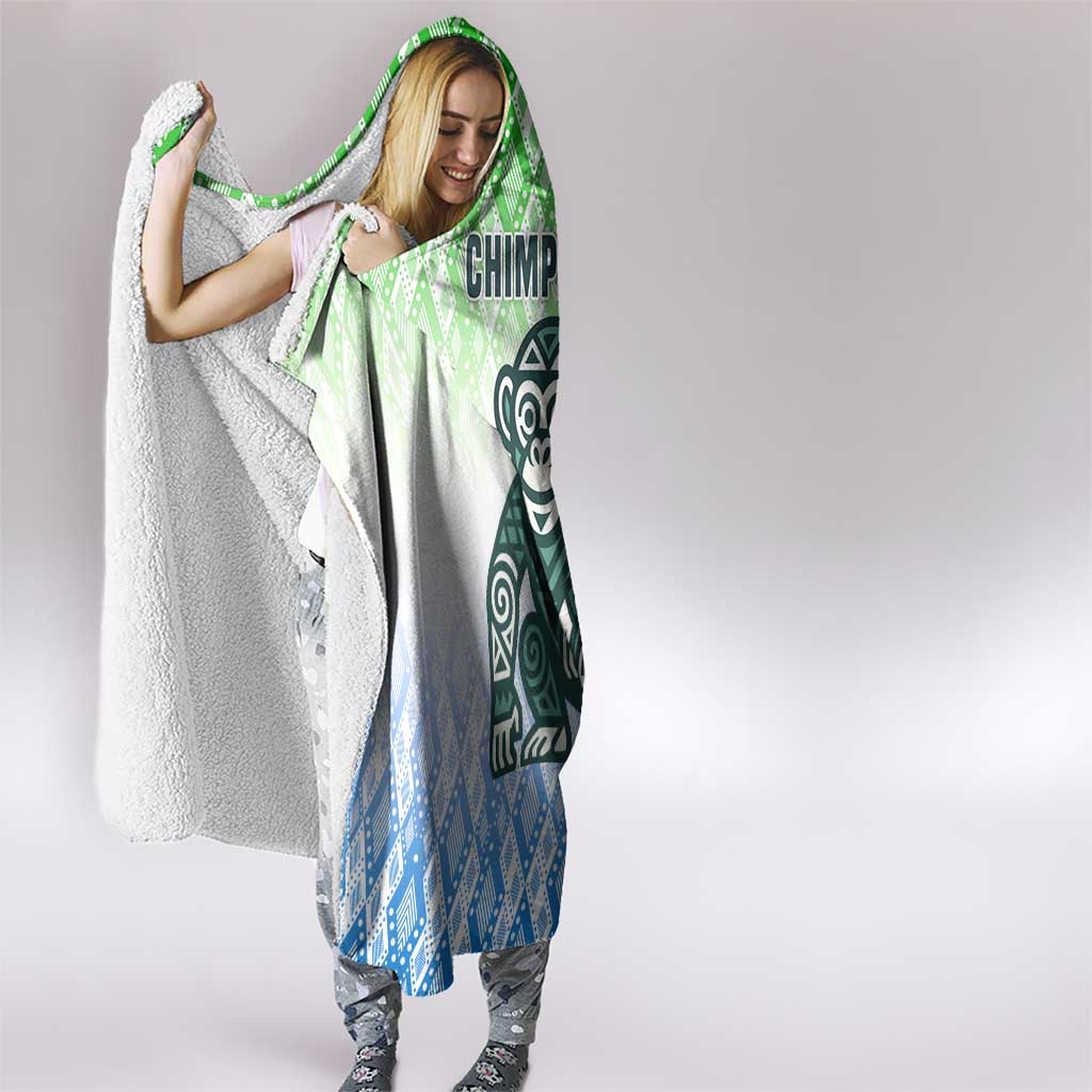 Sierra Leone Hooded Blanket with Tribal Chimpanzee Design and Green Blue Gradient Pattern