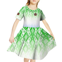 Sierra Leone Kid Short Sleeve Dress with Tribal Chimpanzee Design and Green Blue Gradient Pattern