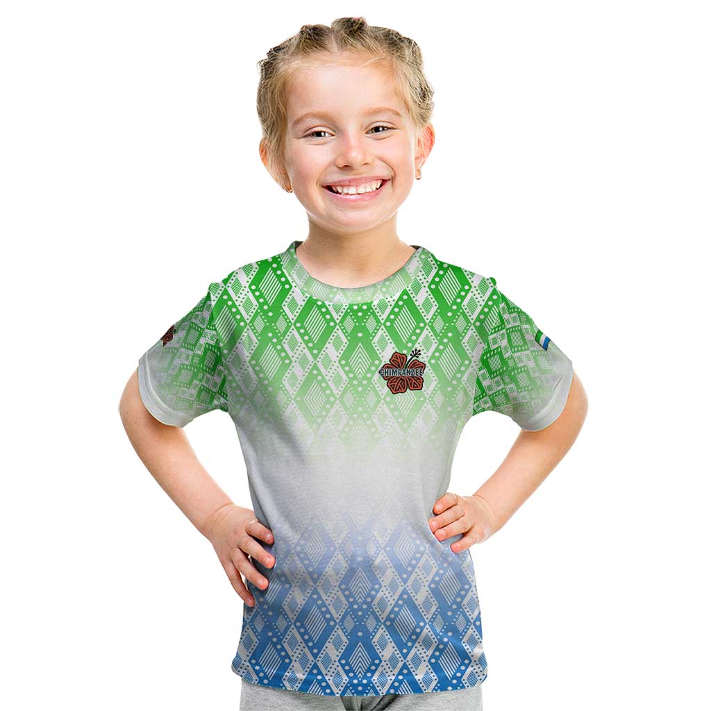 Sierra Leone Kid T Shirt with Tribal Chimpanzee Design and Green Blue Gradient Pattern