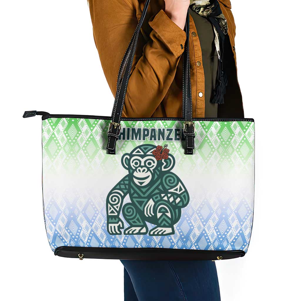 Sierra Leone Leather Tote Bag with Tribal Chimpanzee Design and Green Blue Gradient Pattern