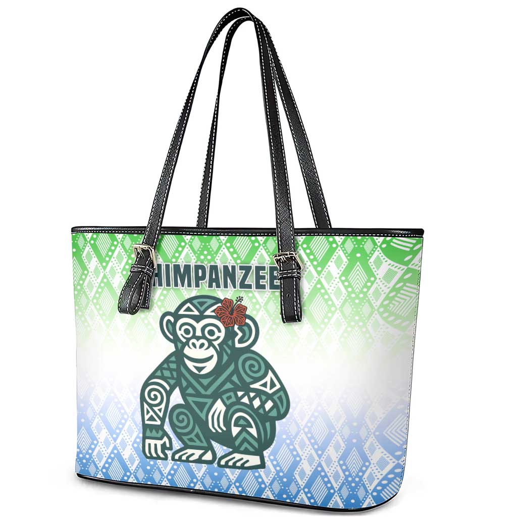 Sierra Leone Leather Tote Bag with Tribal Chimpanzee Design and Green Blue Gradient Pattern