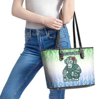 Sierra Leone Leather Tote Bag with Tribal Chimpanzee Design and Green Blue Gradient Pattern