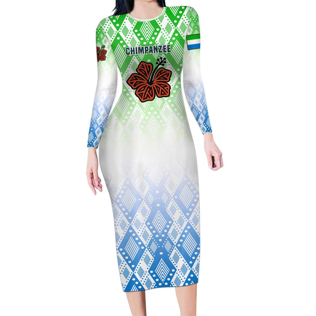Sierra Leone Long Sleeve Bodycon Dress with Tribal Chimpanzee Design and Green Blue Gradient Pattern