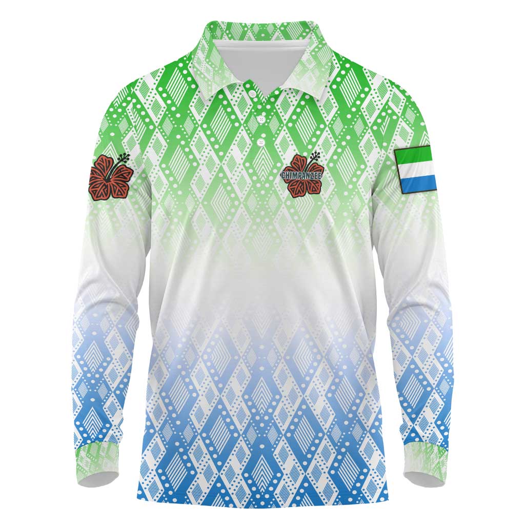 Sierra Leone Long Sleeve Polo Shirt with Tribal Chimpanzee Design and Green Blue Gradient Pattern