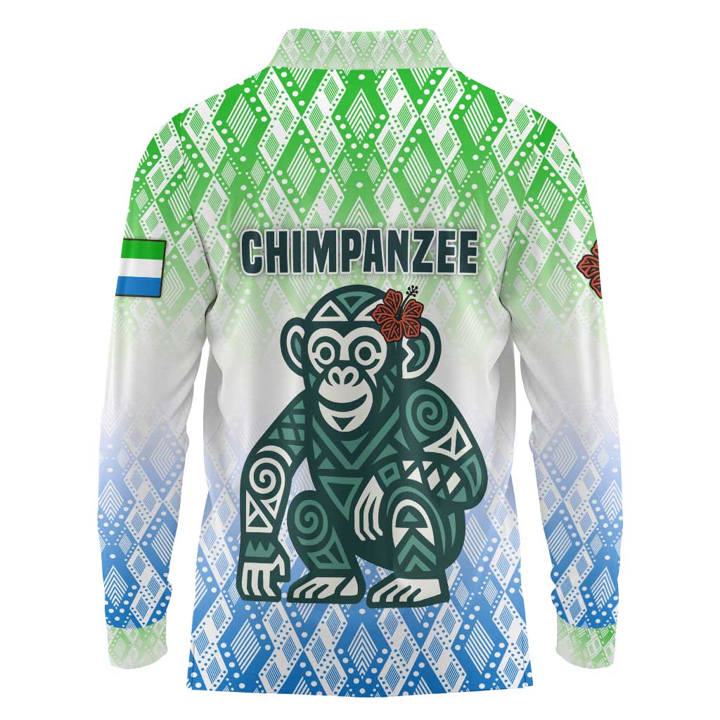 Sierra Leone Long Sleeve Polo Shirt with Tribal Chimpanzee Design and Green Blue Gradient Pattern