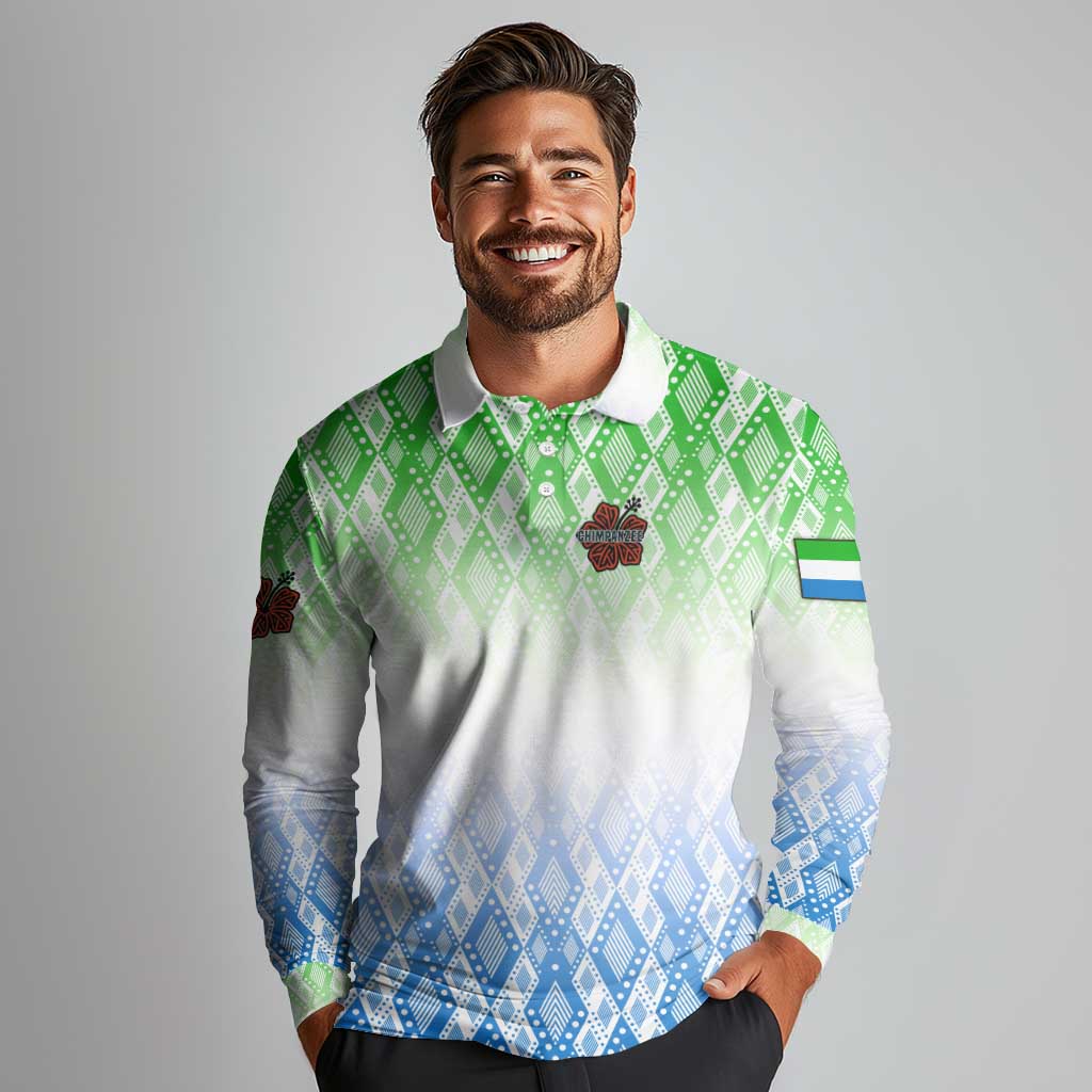 Sierra Leone Long Sleeve Polo Shirt with Tribal Chimpanzee Design and Green Blue Gradient Pattern