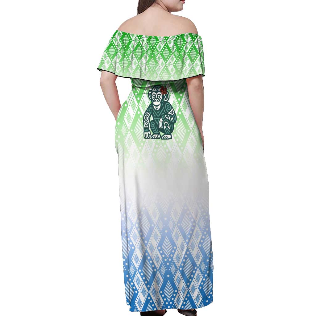Sierra Leone Off Shoulder Maxi Dress with Tribal Chimpanzee Design and Green Blue Gradient Pattern