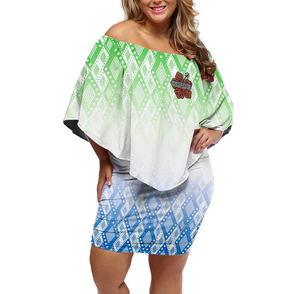 Sierra Leone Off Shoulder Short Dress with Tribal Chimpanzee Design and Green Blue Gradient Pattern
