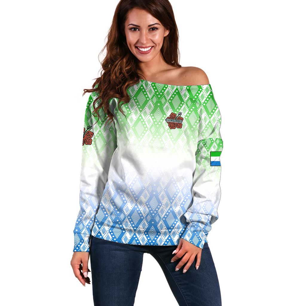 Sierra Leone Off Shoulder Sweater with Tribal Chimpanzee Design and Green Blue Gradient Pattern