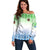 Sierra Leone Off Shoulder Sweater with Tribal Chimpanzee Design and Green Blue Gradient Pattern