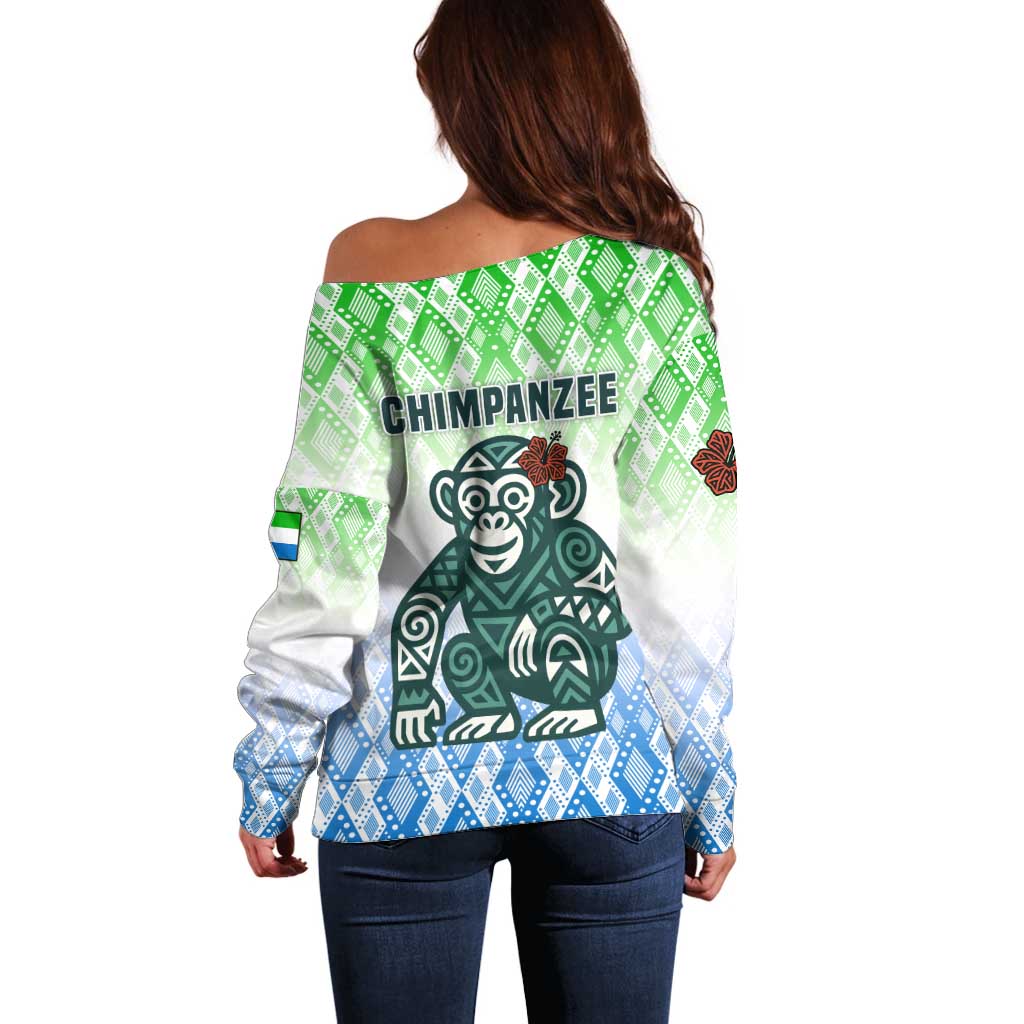 Sierra Leone Off Shoulder Sweater with Tribal Chimpanzee Design and Green Blue Gradient Pattern