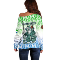 Sierra Leone Off Shoulder Sweater with Tribal Chimpanzee Design and Green Blue Gradient Pattern