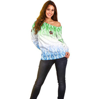 Sierra Leone Off Shoulder Sweater with Tribal Chimpanzee Design and Green Blue Gradient Pattern