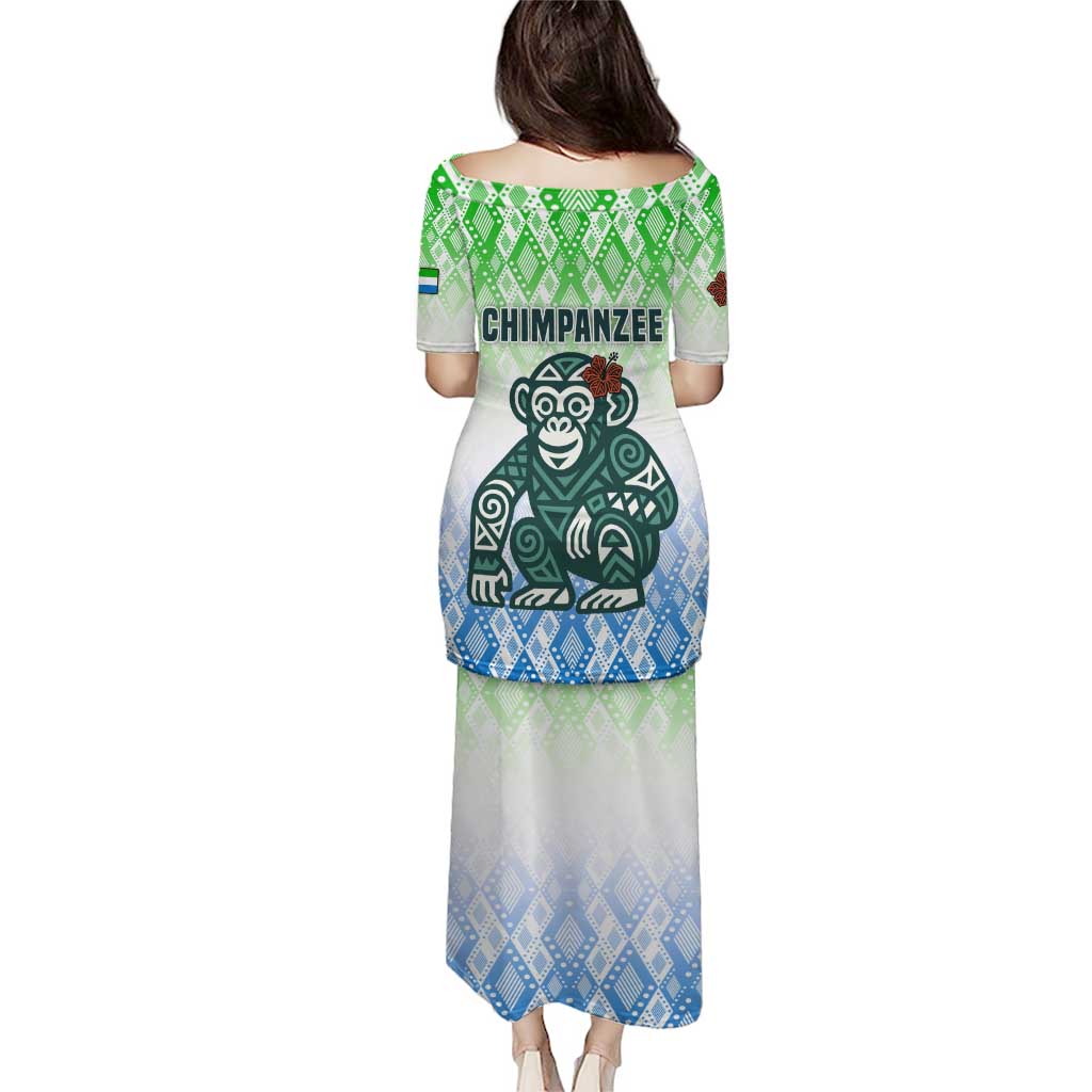 Sierra Leone Puletasi with Tribal Chimpanzee Design and Green Blue Gradient Pattern