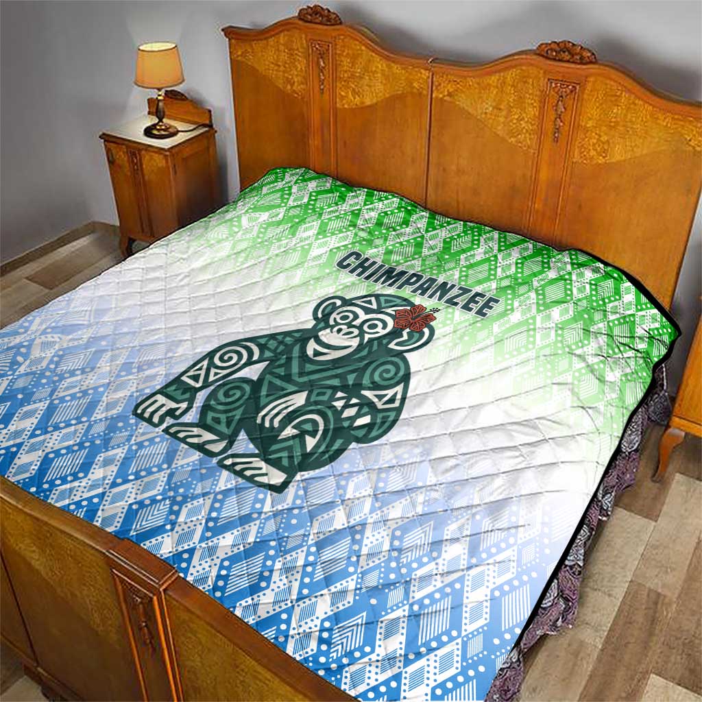 Sierra Leone Quilt with Tribal Chimpanzee Design and Green Blue Gradient Pattern