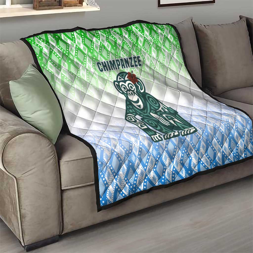 Sierra Leone Quilt with Tribal Chimpanzee Design and Green Blue Gradient Pattern
