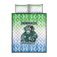 Sierra Leone Quilt Bed Set with Tribal Chimpanzee Design and Green Blue Gradient Pattern
