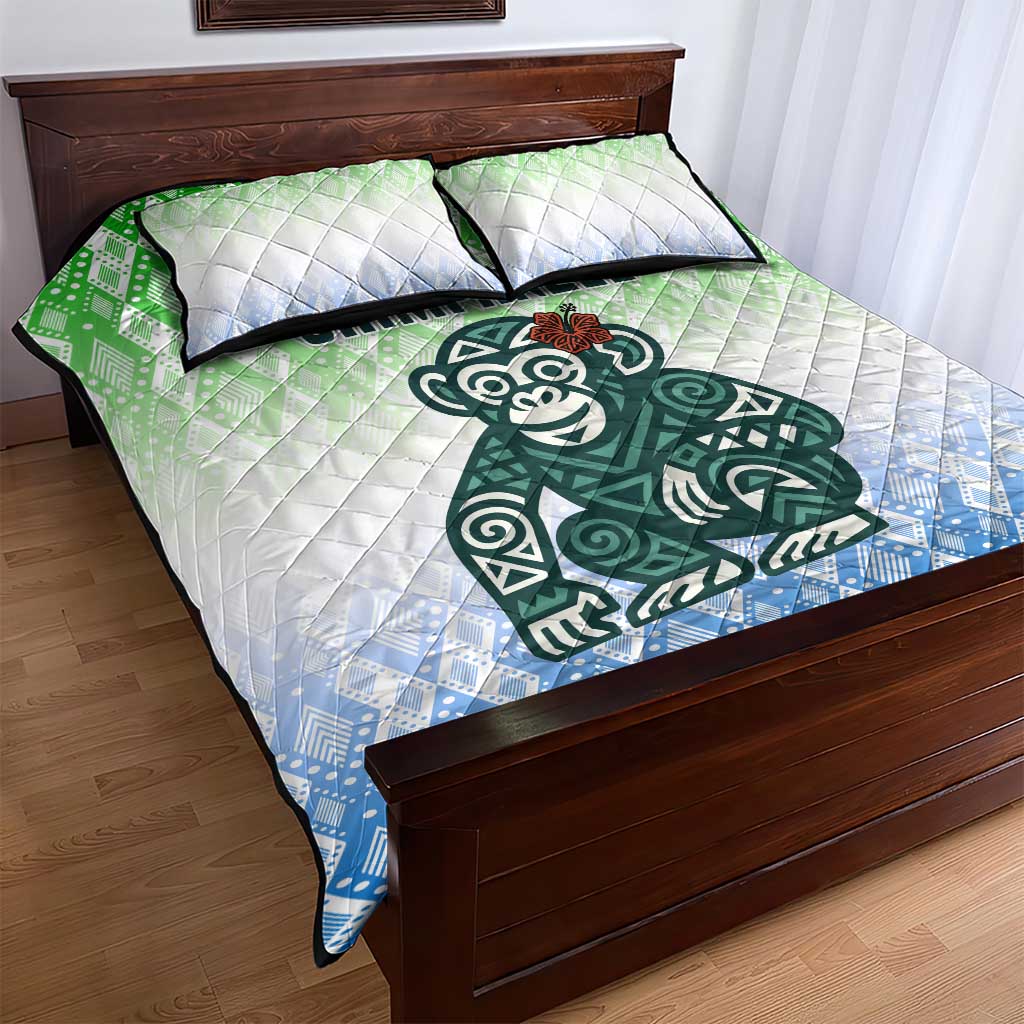 Sierra Leone Quilt Bed Set with Tribal Chimpanzee Design and Green Blue Gradient Pattern