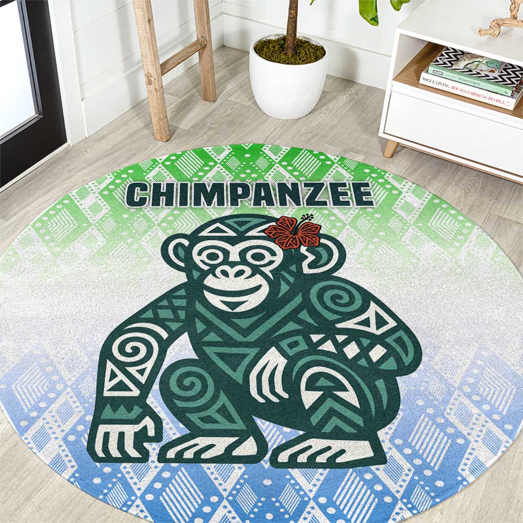 Sierra Leone Round Carpet with Tribal Chimpanzee Design and Green Blue Gradient Pattern